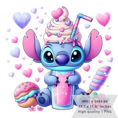 a cartoon character holding a cupcake and an ice cream sundae in front of hearts