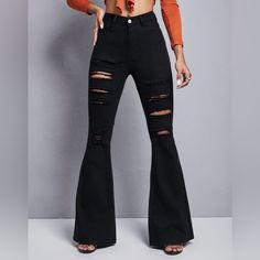 Black Ripped Frayed Flare Leg Jeans. Brand New. Size Large (8-10) Black Ripped Bell Bottom Jeans, Bell Bottoms Aesthetic, Ripped Jeans Aesthetic, Black Bell Bottom Jeans, Black Flare Jeans, Shein Jeans, Cute Christmas Outfits, Flair Jeans, Goth Clothing