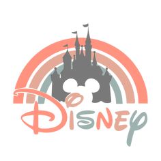 the disney castle logo with an orange and gray background, in front of a rainbow