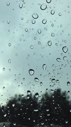 raindrops on the window with trees in the back ground and cloudy sky behind them