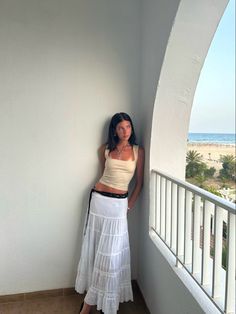 White Skirt Boho Outfit, Long Skirt Instagram Pictures, White Boho Maxi Skirt, Maxi Skirt Holiday Outfit, Outfits With Beige Skirt, Long Skirt And Tank Top Outfit, White Silk Maxi Skirt Outfit, White Maxi Skirt Aesthetic, Thrifted Outfits Aesthetic Summer