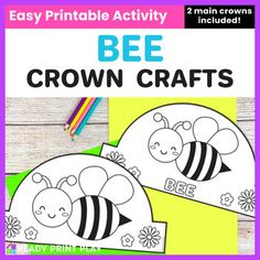 bee crown crafts for kids to make with paper and colored pencils on a wooden table