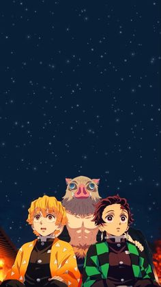 two people are sitting on the ground in front of a night sky with stars and an owl