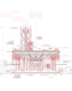 an architectural drawing of a building with red and white lines