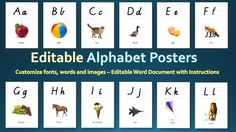 an alphabet poster with pictures of animals and letters