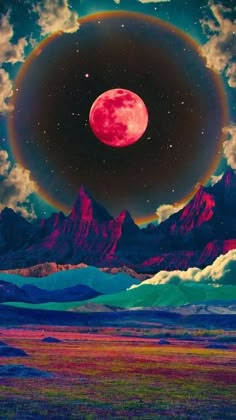 an image of the moon in the sky with mountains and clouds around it, as seen from