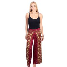 These cute and colorful pants are handmade with harem pants, handmade with an elastic waistband and relaxed, cotton-poly fabric.These trousers are are perfect for relaxing at home, working out, yoga running, beachwear and general casual wear. Also recommended for Thai massage, dance and festivals.* Red: 29" L x 37" H x 44" W*Mustard: 34.5" L x 37" H x 44" W*White: 38" L x 37" H X 47" W* Made following Fair Trade guidelines* Handmade in Thailand