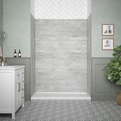 Enhance your bathroom space with a touch of class, thanks to these beautiful Misty shower wall panels. As with all shower walls from OVE Decors, this set will easily fit to any OVE shower kit. Made from premium quality composite stone, these shower walls are designed for installation with an alcove shower kit, with each of the side panels measuring at 32 inches wide and 80 inches high, and the back panel measuring at 60 inches wide. Made from high quality, long-lasting materials and with a thickness of 5mm, they feature aluminum profile edge-protectors and come with a 5 year warranty, ensuring your peace of mind for years to come. OVE Decors Misty 60-in W x 31.3-in D x 80-in H Light Gray Glue Up Alcove Shower Wall Panel | 15SAP-MISB60-GRY Shower Stalls, Tub Enclosures, Shower Installation, Shower Wall Panels, Shower Walls, Shower Surround, Grey Tiles, Wall Bed, Shower Kits