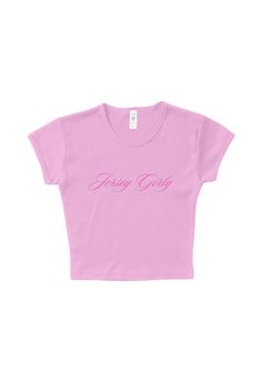 Jersey girlies have our hearts.  ⭑ Los Angeles Apparel Ribbed Baby Tee T-Shirt ⭑ Designed and printed by us in New Jersey  ⭑ 100% Combed Cotton T-Shirt ⭑ Made of 30 singles yarn ⭑ Designed and printed by us, with DTF ⭑ Featuring a ribbed feel, and a baby tee cropped fit. This 100% cotton style shrinks 7% in wash, and this style has been designed to fit before and after wash. We recommend to wash with like colors, and lay flat to dry. Cute Short Sleeve Tops With Name Print, Pink Short Sleeve Shirt With Name Print, Trendy Pink T-shirt With Name Print, Cute Pink Cropped T-shirt, Baby Tee Pink, Pink Cropped T-shirt For Streetwear, Pink Cotton Cropped T-shirt For Streetwear, Pink Baby Tee, Pink Y2k Cropped T-shirt