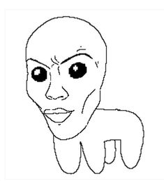 the face of an alien with big eyes and no head is outlined in black on a white background