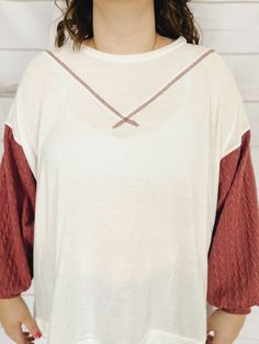 Let's celebrate the start of summer with a top that's just plain gorgeous. A cross between a top, a crewneck pullover, and a sweater, this top is made of the SOFTEST fabric ever and has a fun color-block look with the cable-knit sleeves. You're going to want to wear this every day. The fabric is incredibly lightweight (and oversized) making this the perfect top for summer evenings, whether you're heading out to dinner, to a brewery, or for a post-sunset beach stroll. Plus, this top will be styli Fun Color, Top For Summer, Knit Sleeve, Let's Celebrate, Sunset Beach, Summer Evening, A Cross, Cable Knit, Soft Fabrics