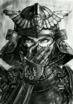 a drawing of a man in armor with wings on his head