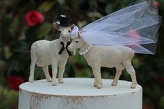 two small sheep wearing wedding attire on top of a cake