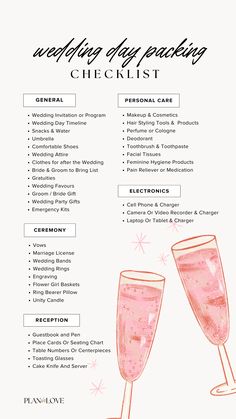 the wedding day packing checklist is shown with two champagne glasses on top of it