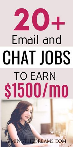 a woman sitting in front of a laptop computer with the words 20 email and chat jobs to earn $ 500 / mo