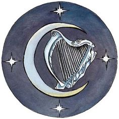 a drawing of a harp sitting on top of a crescent with stars in the background