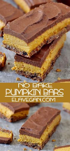 no bake pumpkin bars stacked on top of each other with text overlay that reads, no bake pumpkin bars