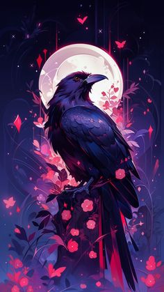 a black bird sitting on top of a tree branch in front of a full moon