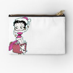 a white zippered pouch with a cartoon character on the front and bottom, featuring an image of a woman holding a gift box