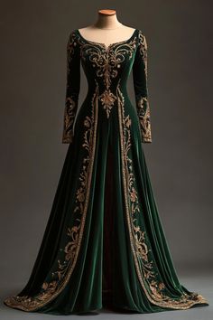 Prom Dress Medieval, Elegant Dresses 1800, Reign Tv Show Dresses, Regal Ball Gown, Long Slim Dress Outfit, Green Midevil Dresses, Christmas Ball Outfit Party Dresses, Fae Queen Dress, Fantasy Dress Queens Gowns