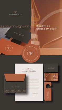 an assortment of business cards and envelopes with the letter m in gold on them