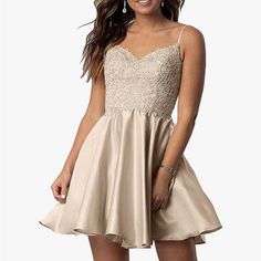 Women's Beaded Short Homecoming Dress. Satin Lace Appliques. Bridesmaid Party Dress Mini For Juniors Champagne Color. Purchased From Amazon And They Are Very Cute! They Were For The Girls To Wear For My Daughters And They Never Arrived In Time. Multiple Sizes Available However The Back Laces Up So It’s Somewhat Adjustable Dama Dresses, Satin Homecoming Dress, Prom Dresses With Pockets, Spaghetti Strap Prom Dress, Amazon Dresses, Evening Party Gowns, Short Prom Dress, Dress Images, Satin Prom Dress