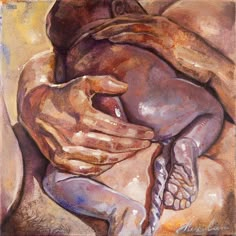 a painting of two people holding each other with their hands on top of one another