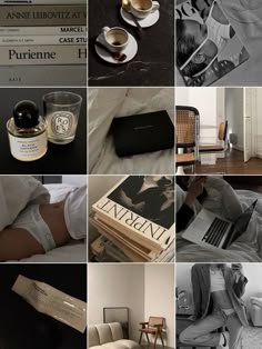 black and white photographs of people in bed, coffee cups, books, magazines and other items