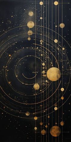 an abstract painting with golden circles and stars