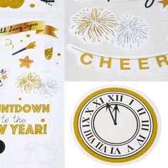 new year's eve party decorations and stickers with gold, black and white