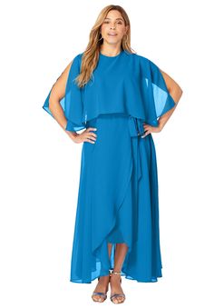 Update your special occasion wardrobe with this breezy, effortless one-and-done style. Fit to flatter your figure, this dress features a removable self-tie belt, feminine bandeau neckline and tulip hem. Finish the look with your favorite strappy sandals! A-line silhouetteCrew necklineSide zipperElbow-length cape overlay Removable belt Tulip hem Lined Back: 55" length; Front: 47" length Polyester Machine washable Imported  | Plus Size Women's Georgette Maxi Cape Sleeve Dress by Jessica London in Cape Sleeve Dress, Pool Blue, Dress Woman, Cape Sleeves, Womens Scrubs, Swimsuits For All, Ladies Of London, Dress Suits, Cardigan Tops