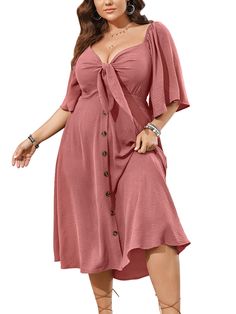 PRICES MAY VARY. Material: This plus size summer dresses is made in lightweight and skin-touch, soft and flowy texture fabric. It's a great choice to be one of your summer dress collection Design: This plus size dresses for curvy women is in tie front deep v neck design, which's good for shaping your figure and showing a deep v-neckline in a charming look, the short bell sleeve is perfect to embellish your arm, back smocked dress is comfortable to fit your curves, and the button down decorates t