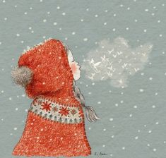 a drawing of a girl in the snow with a dandelion blowing her nose