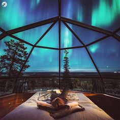 a person laying on top of a bed in a glass dome with aurora lights above