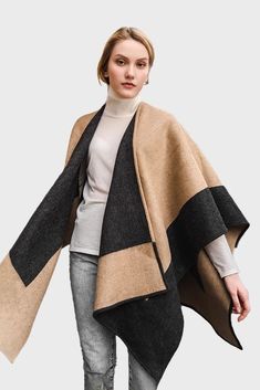 Elevate your style with our Patterned 100% Wool Cape. Crafted from high-quality sheep's wool, this cape offers luxurious comfort and versatile styling options. Cape Shawl, Wool Cape, Textile Arts, Simple Trendy Outfits, Outfit Style, Grey And Beige, Wool Plaid, Spring And Fall, Ponchos