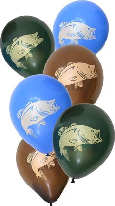 five balloons with different colored fish on them