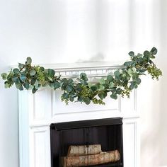 a white fireplace with green plants on top and books in the middle, next to it