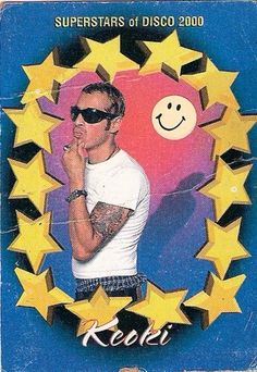 the card features a smiling man with sunglasses on his face and stars around him,