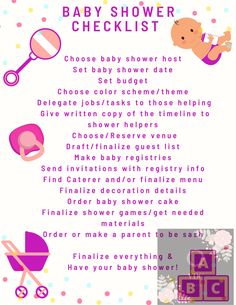 a baby shower checklist with pink and purple items