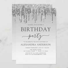 a birthday party card with silver glitter on it