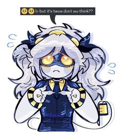 an anime character with yellow eyes and horns holding a cell phone in her hand while looking at