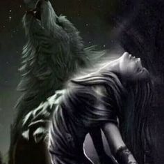 a woman with her eyes closed standing next to a wolf