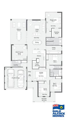 the floor plan for a four bedroom house with two garages and an attached living area