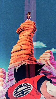 an anime character standing in front of a pile of doughnuts on top of a mountain