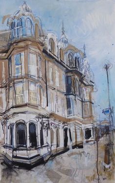 a painting of an old building on a street corner