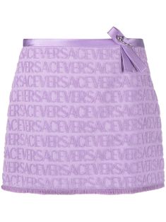 lavender purple cotton terry-cloth effect jacquard logo motif silk trim signature Medusa Safety Pin detail silver-tone hardware thigh-length straight hem Chic Purple Outfit, Pastel Purple Outfit, Lilac Clothes, Versace Clothes, Lavender Skirt, Jacquard Skirt, Contemporary Costumes, Purple Skirt, Purple Design