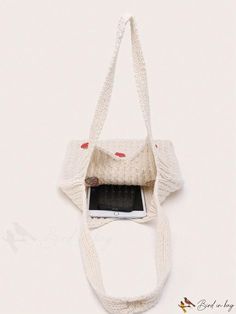 BirdinBag - Stylish Crochet Tote Bag with Strawberry Pattern, Ideal for Spacious and Casual Storage Cream Knitted Bag For Everyday Use, Cream Knitted Bag, Cream Knitted Everyday Bag, Knitted Rectangular Shoulder Bag For Daily Use, Daily Use Knitted Rectangular Shoulder Bag, White Knitted Shoulder Bag For Everyday, Rectangular Knitted Shoulder Bag For Everyday Use, Knitted Shoulder Bag For Everyday Use, Casual Knitted Bag For Gift