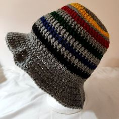 Bucket Hat Multicolor Handknit Bright Colorful Rainbow Adult Size. Original One Of A Kind Harry Styles Look A Like, Rugby Stripe Style This Is A Brand New Item. Shades Of Red, Green, Blue, Yellow, White, Black, And Grey Gray Adjustable Knitted Gray Hat, One Size Gray Knit Hat, Adjustable Gray Crochet Hat For Winter, One Size Gray Crochet Hat For Fall, Casual Multicolor Crochet Hat For Winter, Gray Crochet Hat, One Size Fits Most, Gray Crochet Hat One Size, Gray Hand Knitted Crochet Hat One Size, Casual Multicolor Crochet Winter Hat