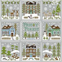 a cross stitch pattern with houses, trees and snowflakes on the front page