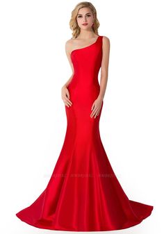 BMbridal One Shoulder Red Mermaid Long Party Gowns | BmBridal Red Fishtail Gown For Party, Red Mermaid Dress With Sweep Train For Banquet, Red Mermaid Hem Gown For Banquet, Red Mermaid Dress With Sweep Train For Party, Red Mermaid Hem Gown For Party, Red Mermaid Dress With Fitted Bodice For Banquet, Red Floor-length Mermaid Dress For Banquet, Bridesmaid Fishtail Gown With Sweep Train, Red Fishtail Evening Dress